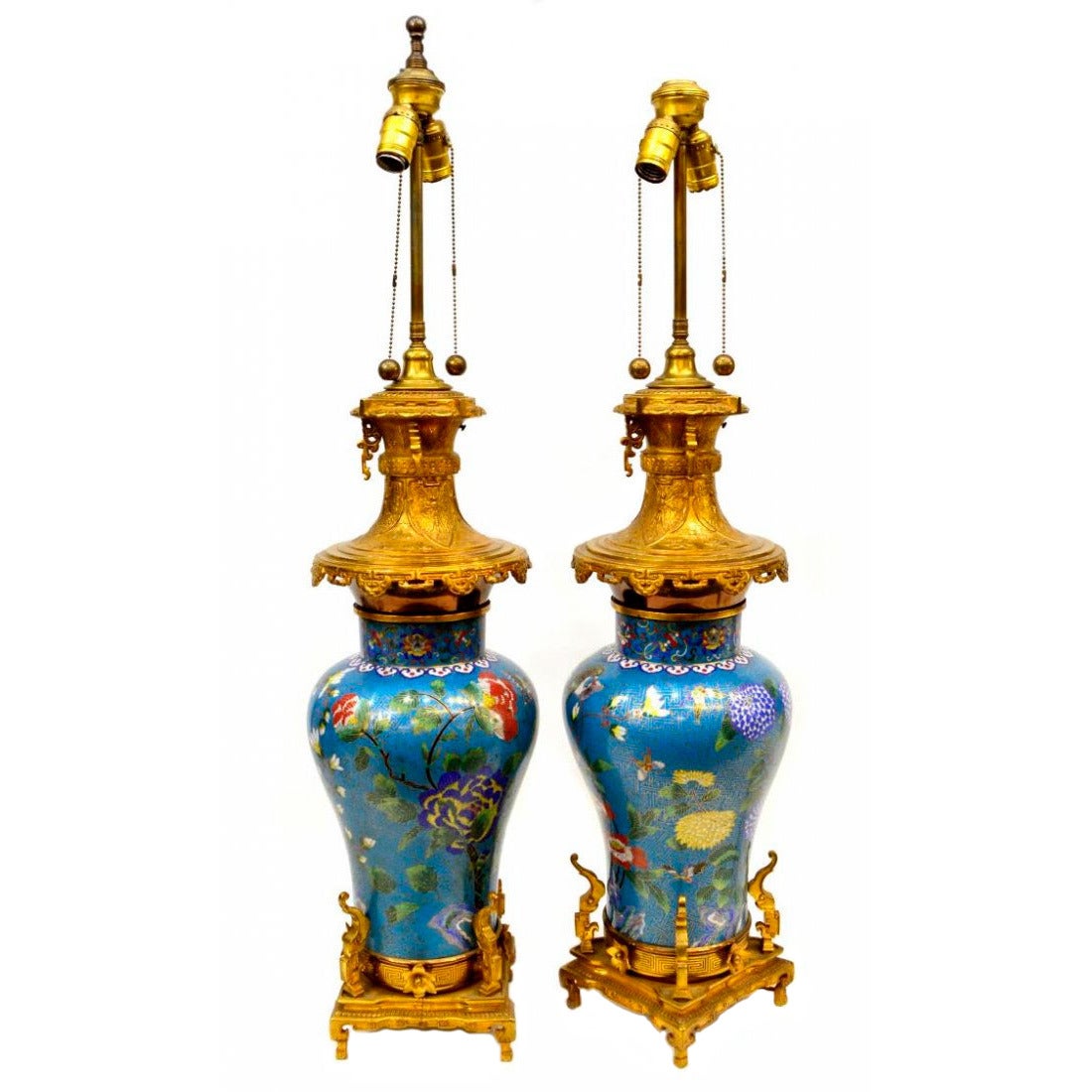 Pair of Chinese Cloisonne Enamel Baluster Form Vases Made into Lamps