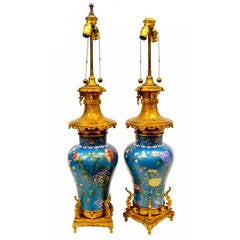 Antique Pair of Chinese Cloisonne Enamel Baluster Form Vases Made into Lamps