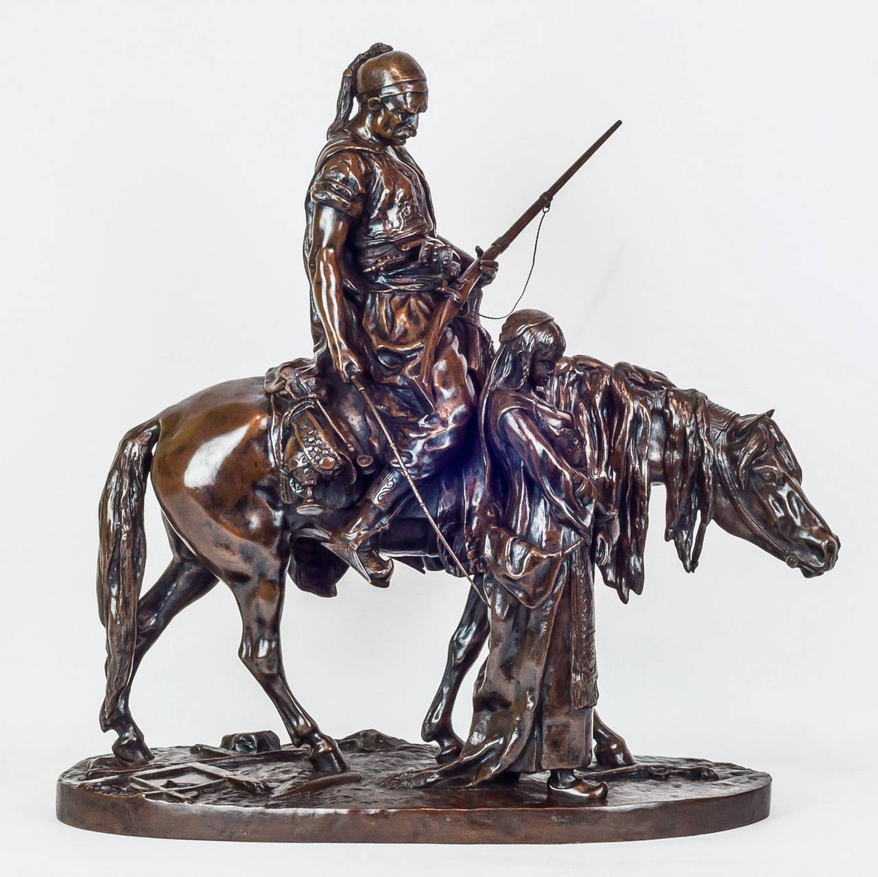Fine Orientalist Bronze Group of Warrior on Horse with Lady Standing 
Signed: Illegible
Stock Number: SC50