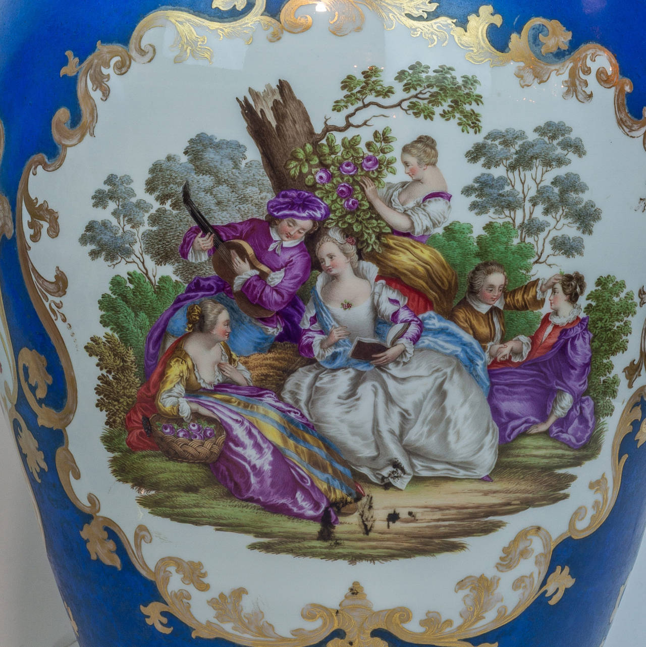 Pair of Meissen Style Blue Porcelain Covered Jars with Painted Scenes 1