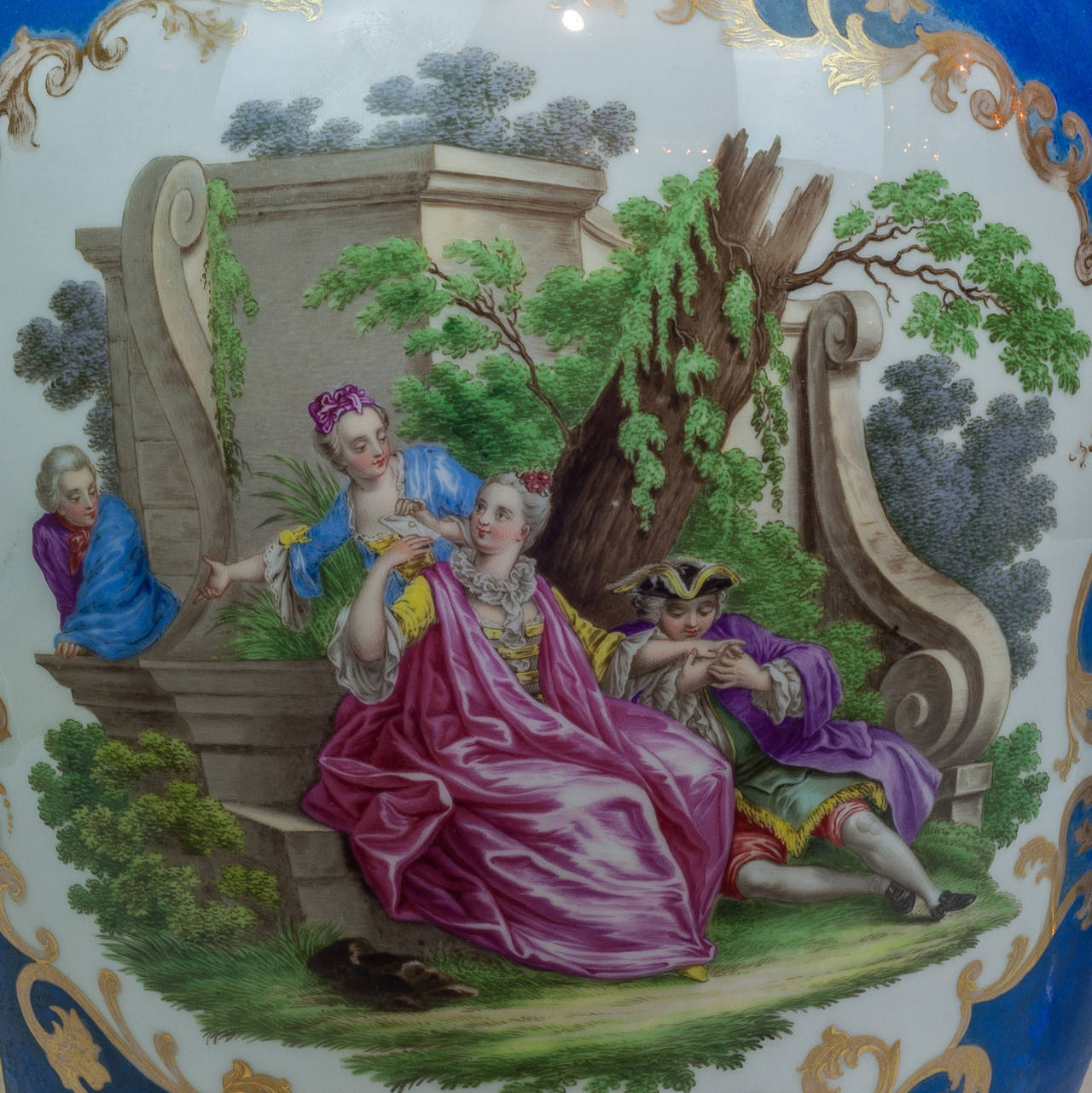 German Pair of Meissen Style Blue Porcelain Covered Jars with Painted Scenes