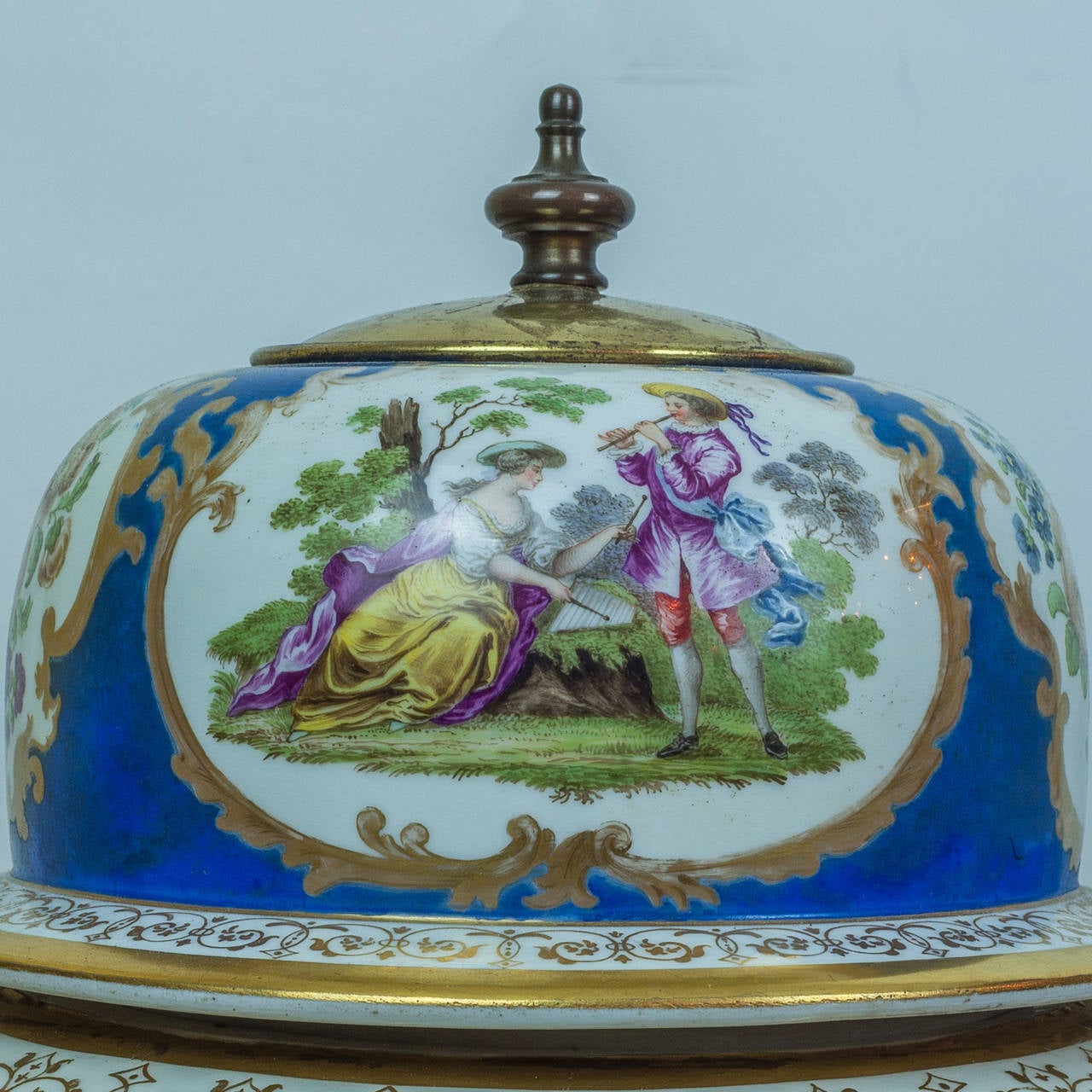 19th Century Pair of Meissen Style Blue Porcelain Covered Jars with Painted Scenes