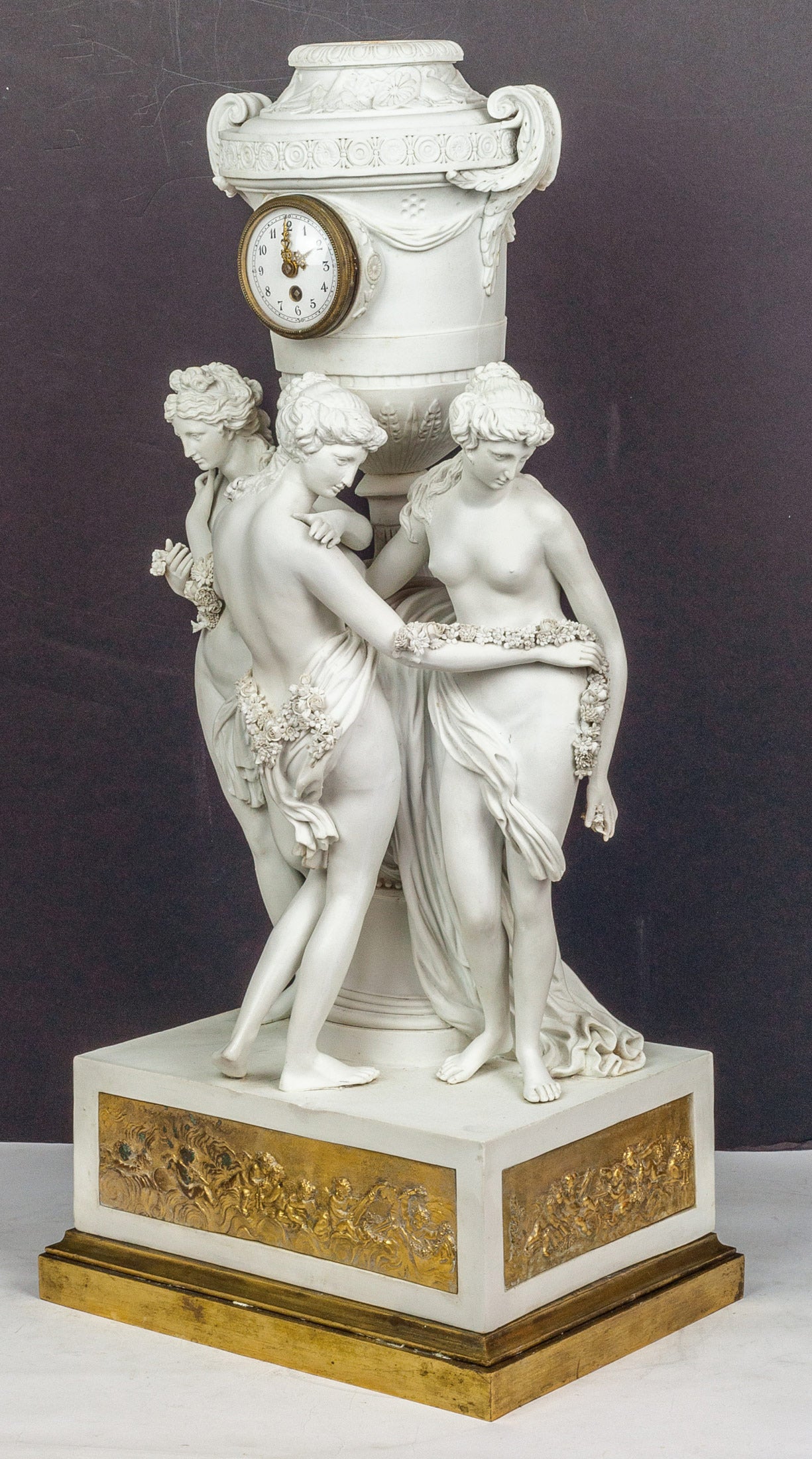 Neoclassical French Bisque Porcelain Figural Mantel Clock with Nude Figures 1