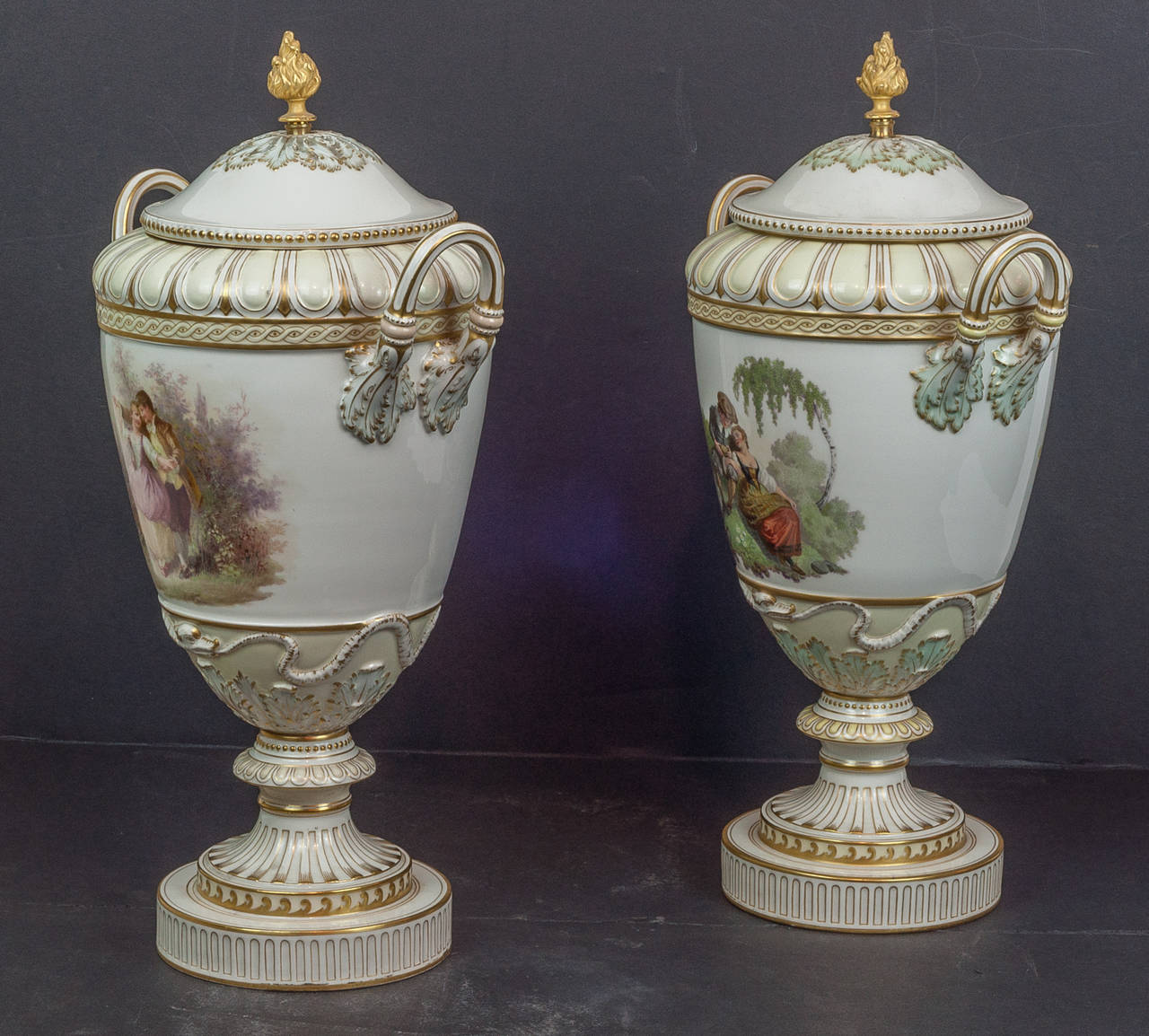 Pair of KPM Porcelain Covered Urns with Painted Love Scenes 5