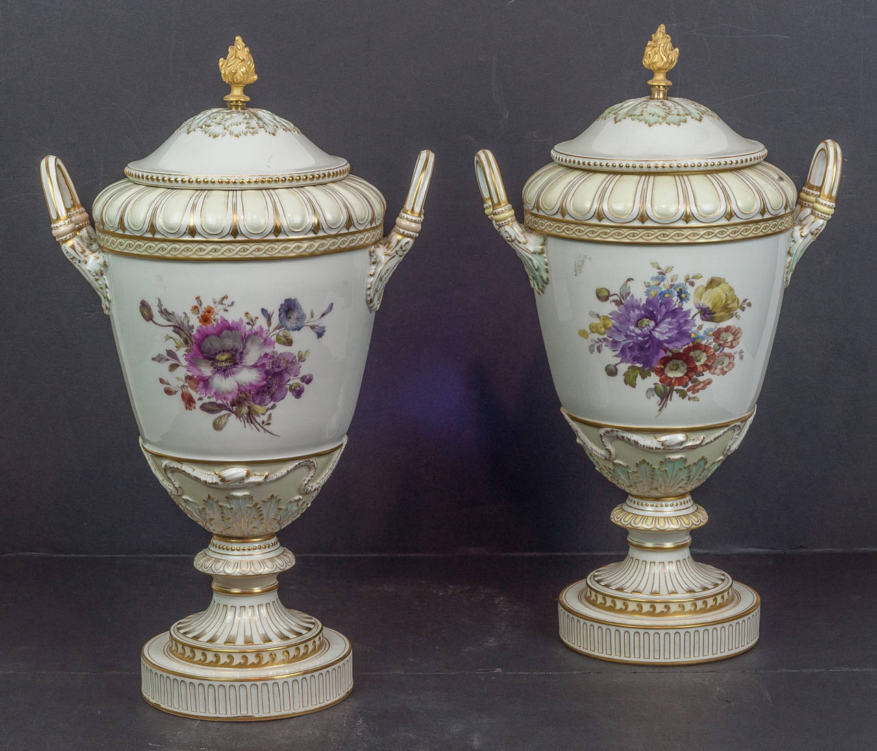 German Pair of KPM Porcelain Covered Urns with Painted Love Scenes