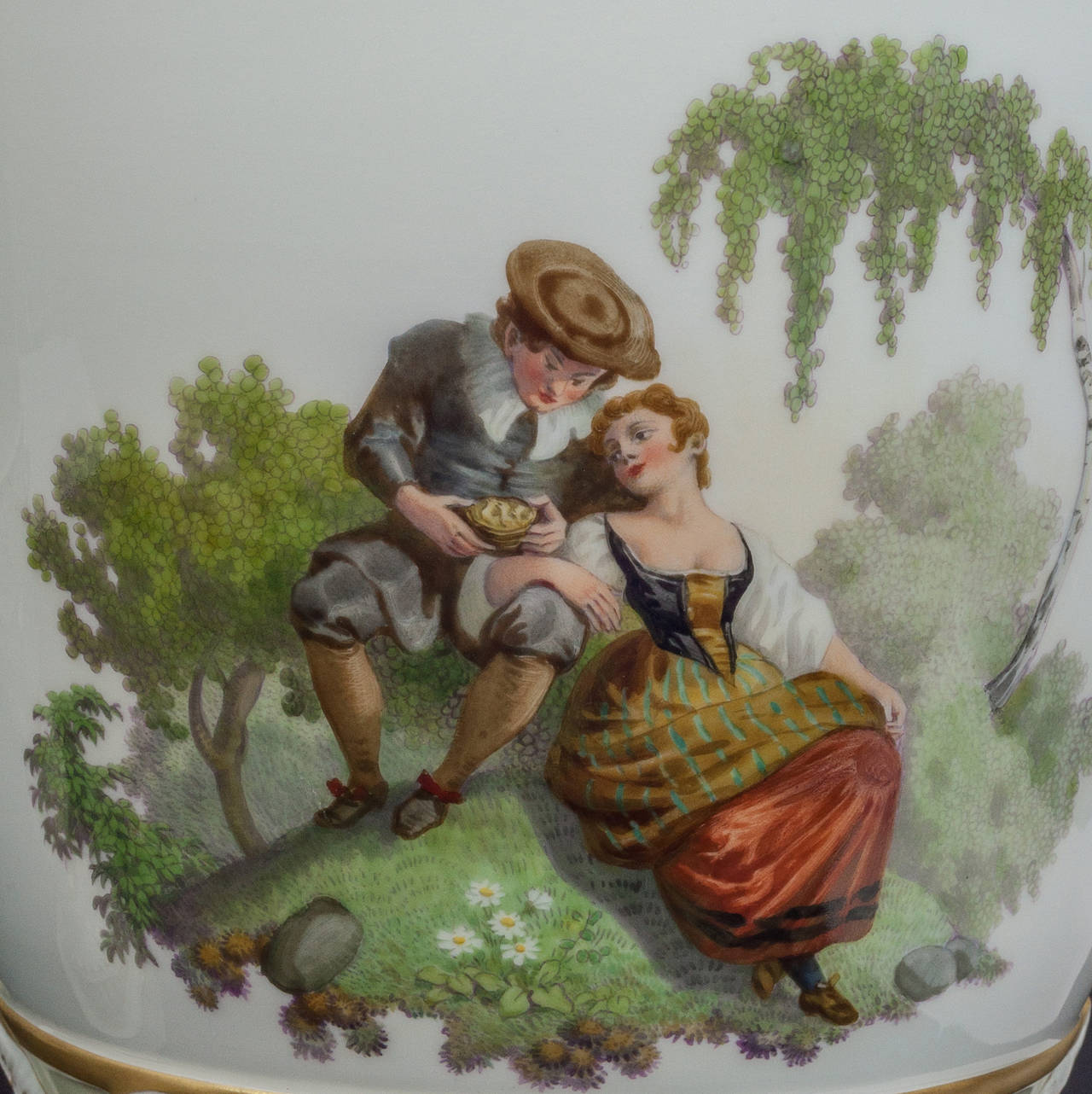 20th Century Pair of KPM Porcelain Covered Urns with Painted Love Scenes