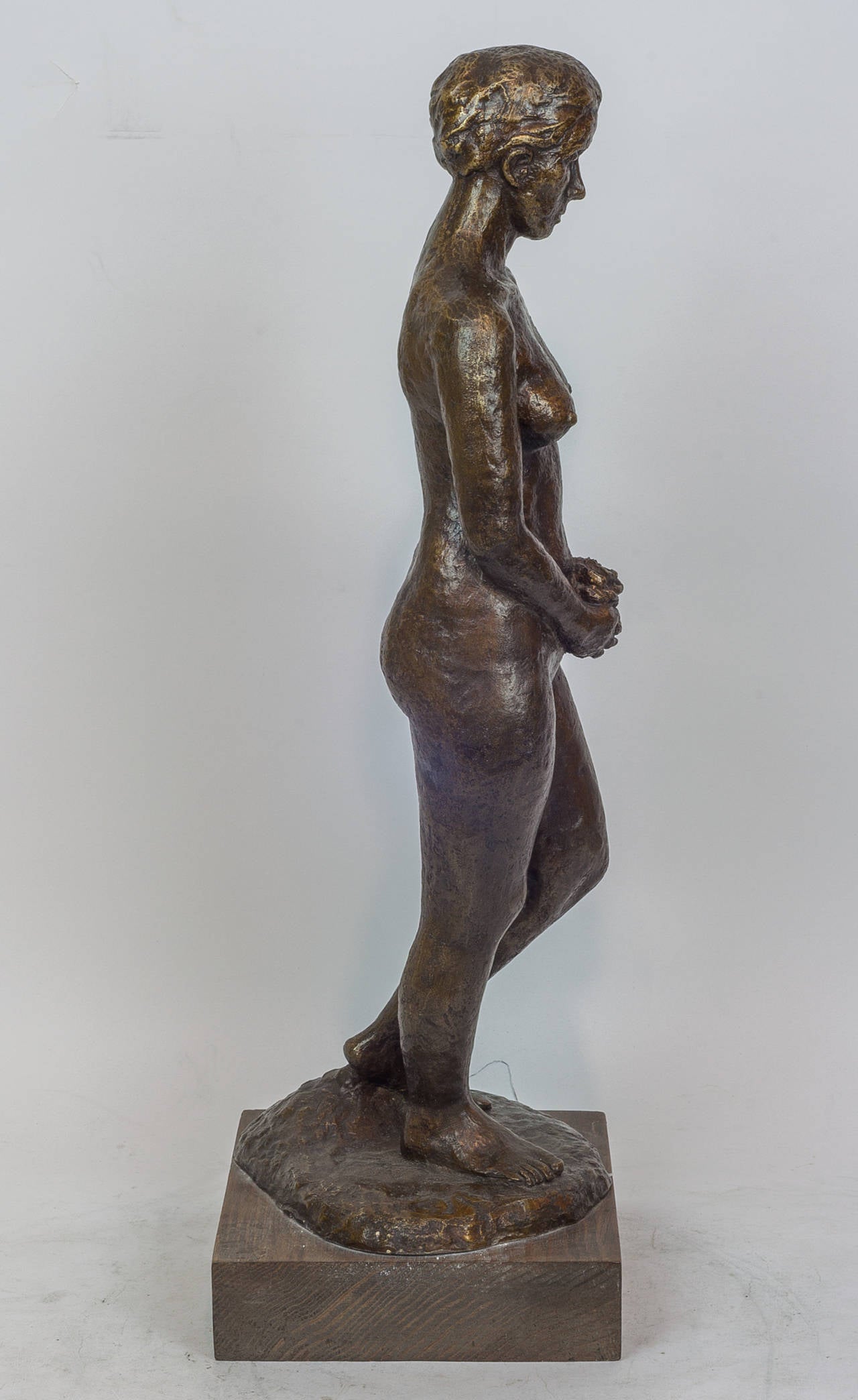 Unknown Patinated Bronze Figure of a Standing Nude Holding Flowers