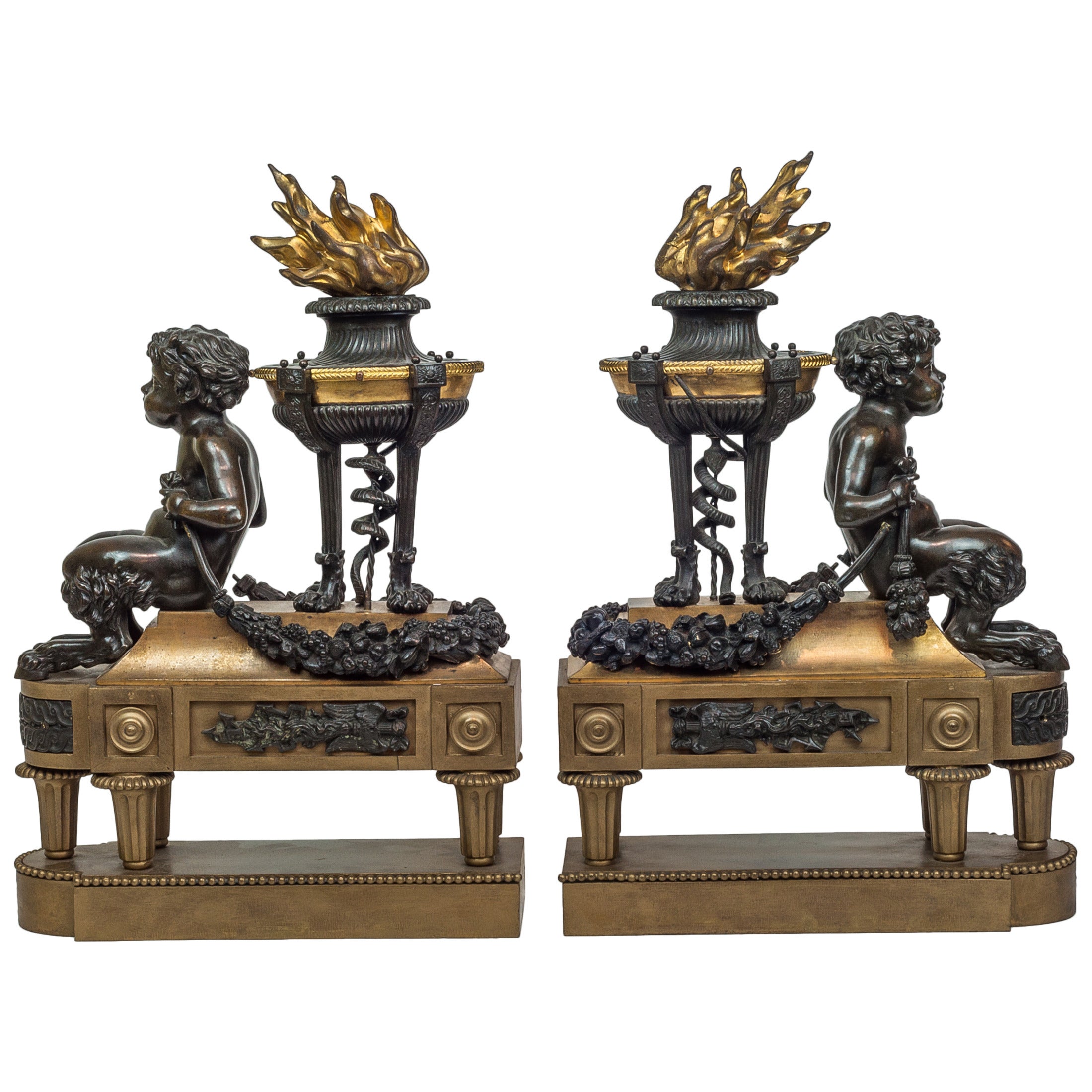 Pair of Two-Toned Bronze Figural Fireplace Chenets