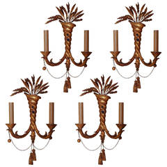 Set of Four Giltwood Twisted Form Two-Light Wall Light Sconces