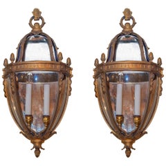 Unusual Pair of Lantern Form Bronze Wall Light Sconces