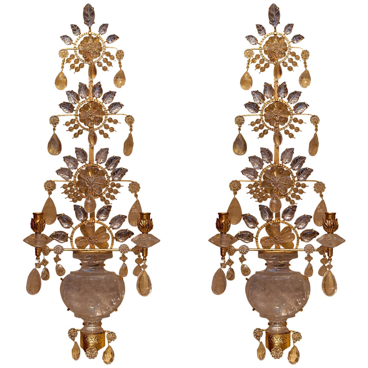 Pair of Rock Crystal and Gilt Metal Two-Arm Wall Light Sconces For Sale