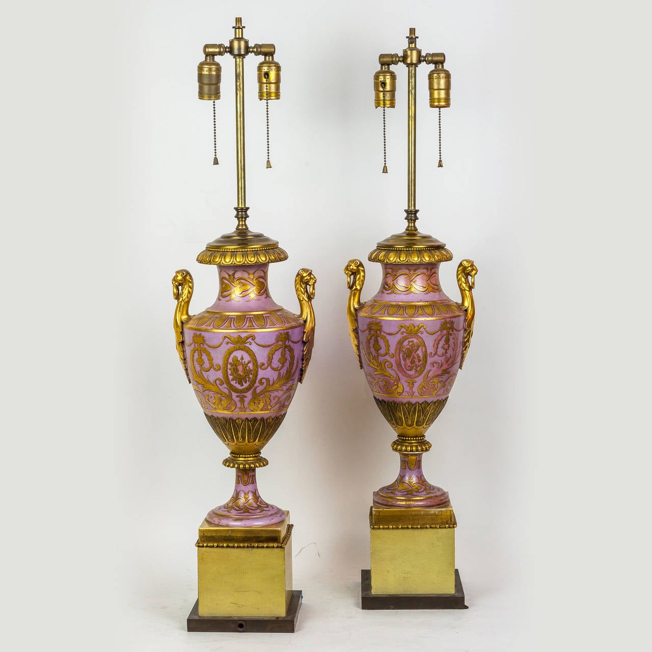 Pair of Neoclassical Gold Painted Porcelain Lamps 1