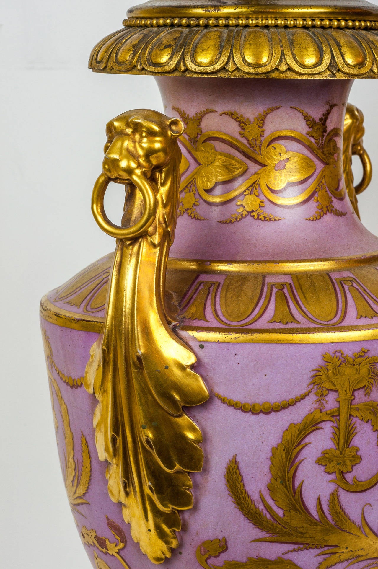 French Pair of Neoclassical Gold Painted Porcelain Lamps