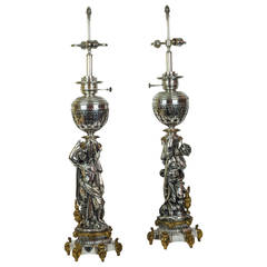 Antique Fine Pair of Silvered and Gilt Bronze Figural Lamps