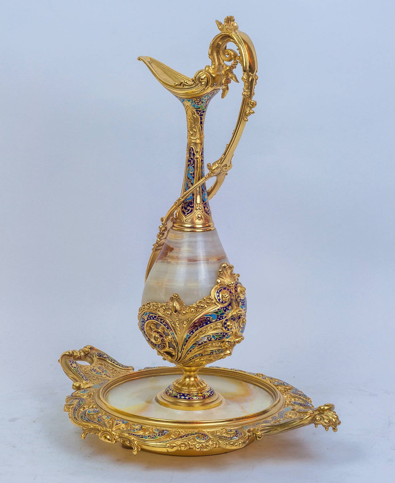 Gilt Bronze and Onyx and Champleve Enamel Pitcher and Basin 2