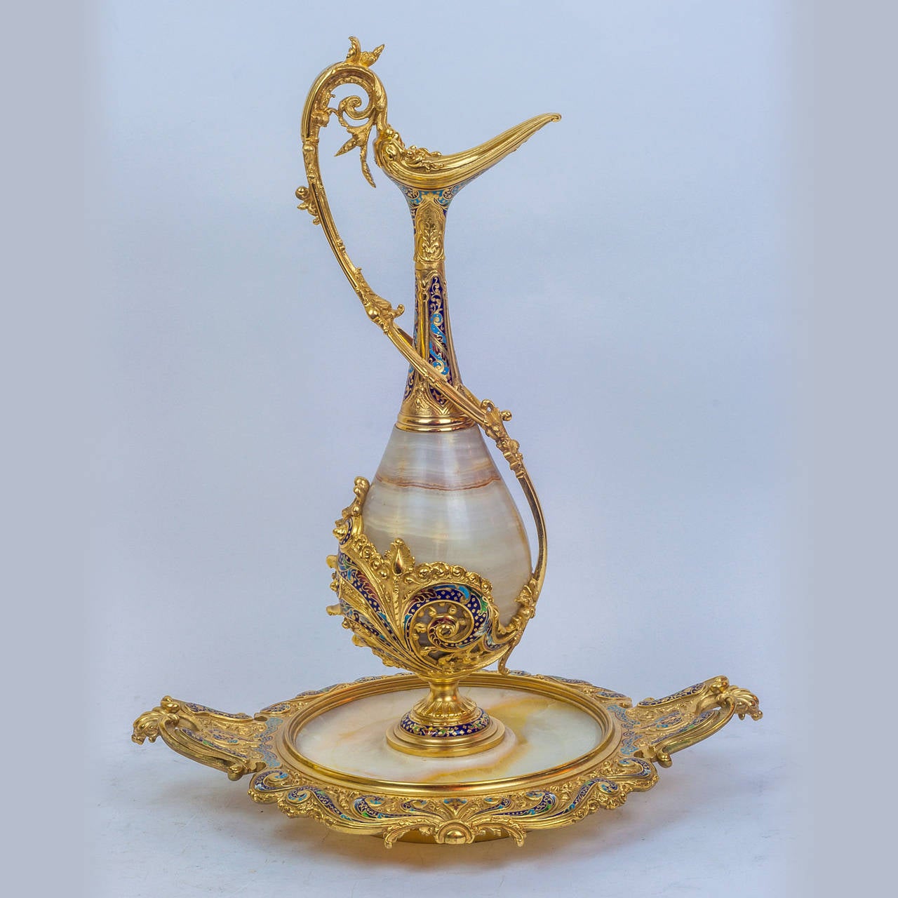 French Gilt Bronze and Onyx and Champleve Enamel Pitcher and Basin