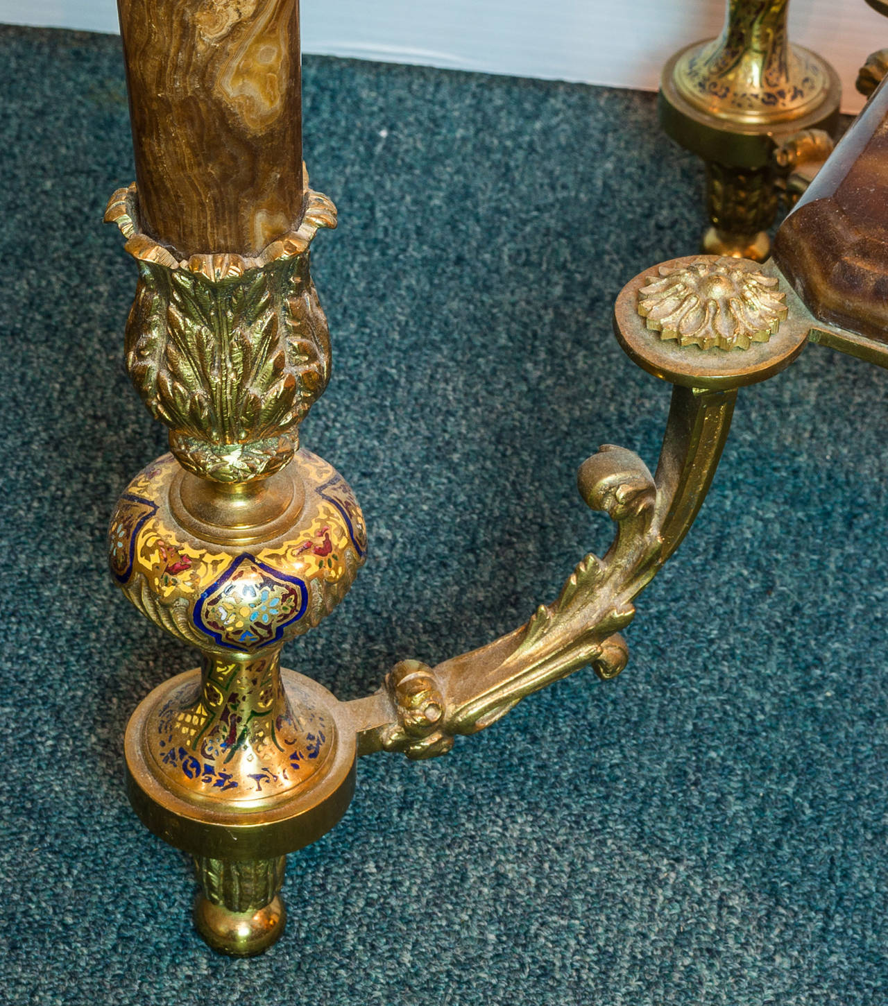 French Fine Gilt Bronze, Onyx and Champleve Enamel Side Table