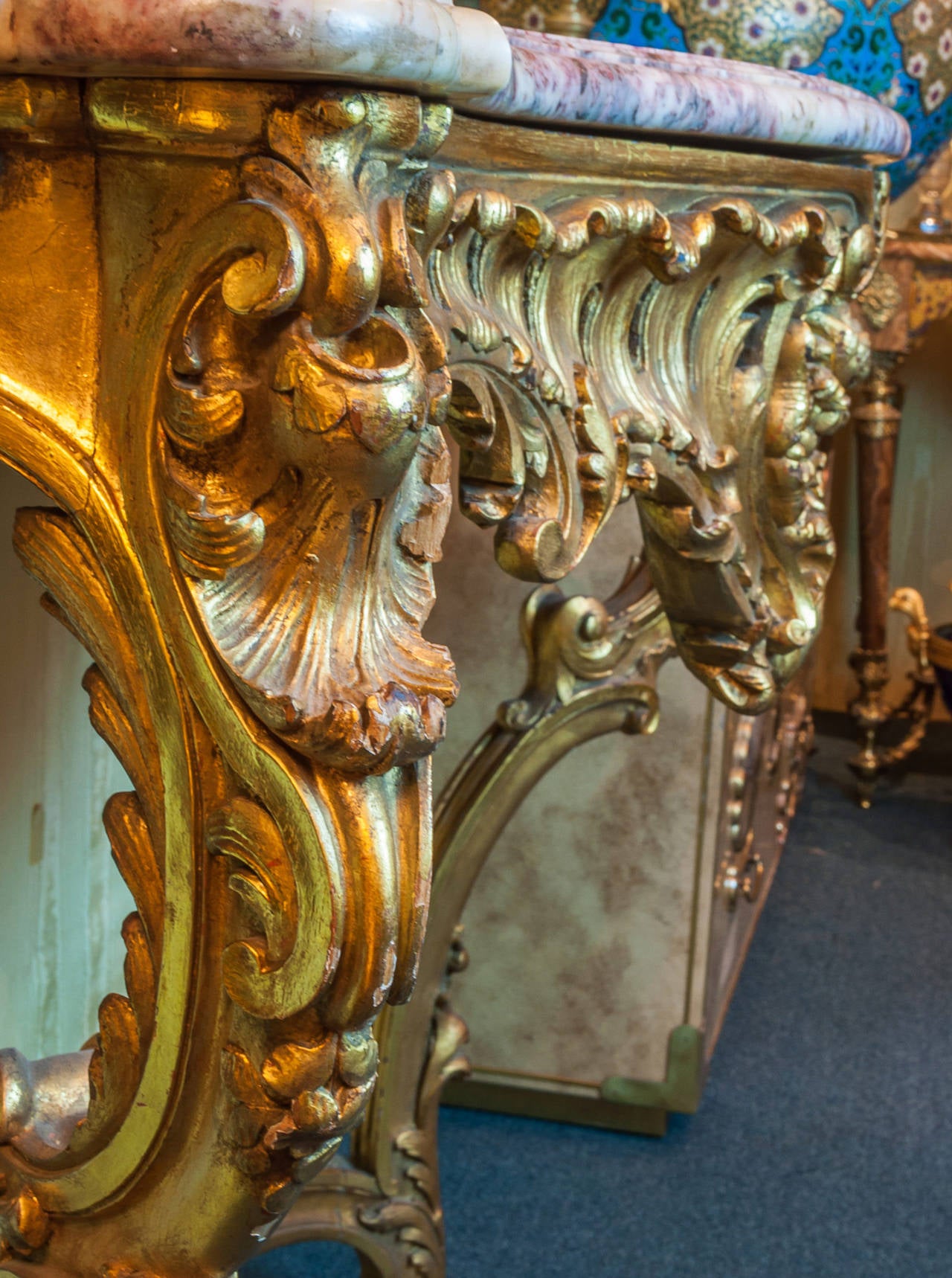 French Louis XV style giltwood marble-top console table.
Stock number: F37.