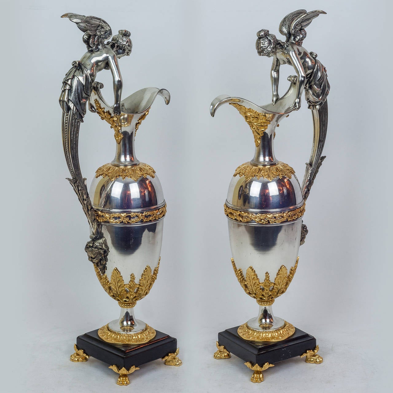 Pair of Empire Style Gilt and Silvered Bronze Ewers 2