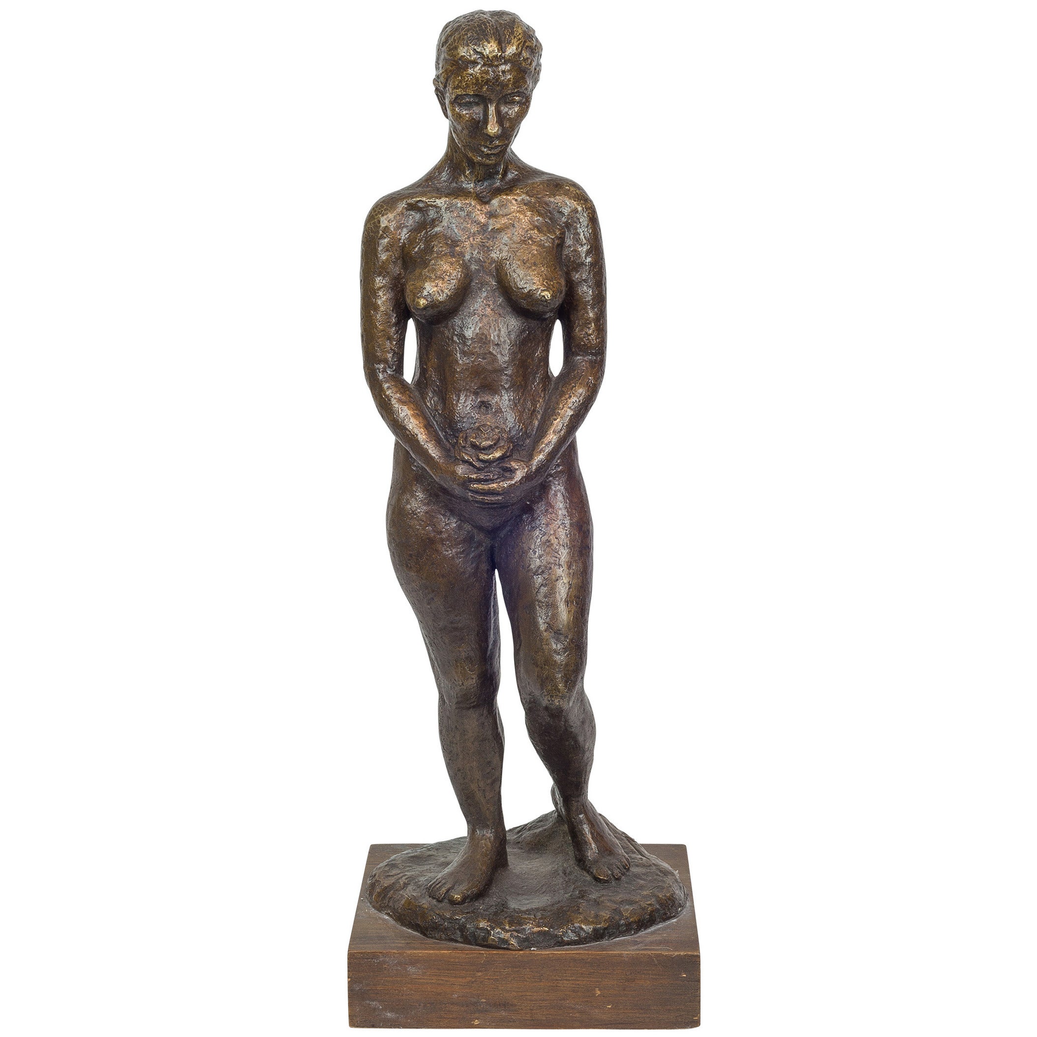 Patinated Bronze Figure of a Standing Nude Holding Flowers
