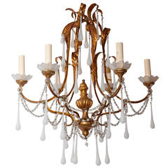 Early 19th C. French Gilt Metal and Opaline 6-Light Chandelier