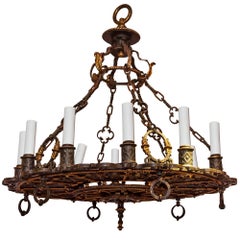 Patinated and Gilt Bronze Wheel Form 12-Light Chandelier
