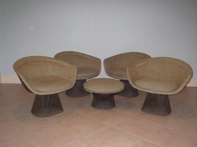 Set of 4 Nickel Plate Wire Framed Chairs by Platner with ottoman