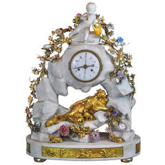 Antique White Marble and Bronze Figural Mantel Clock with Porcelain Flowers