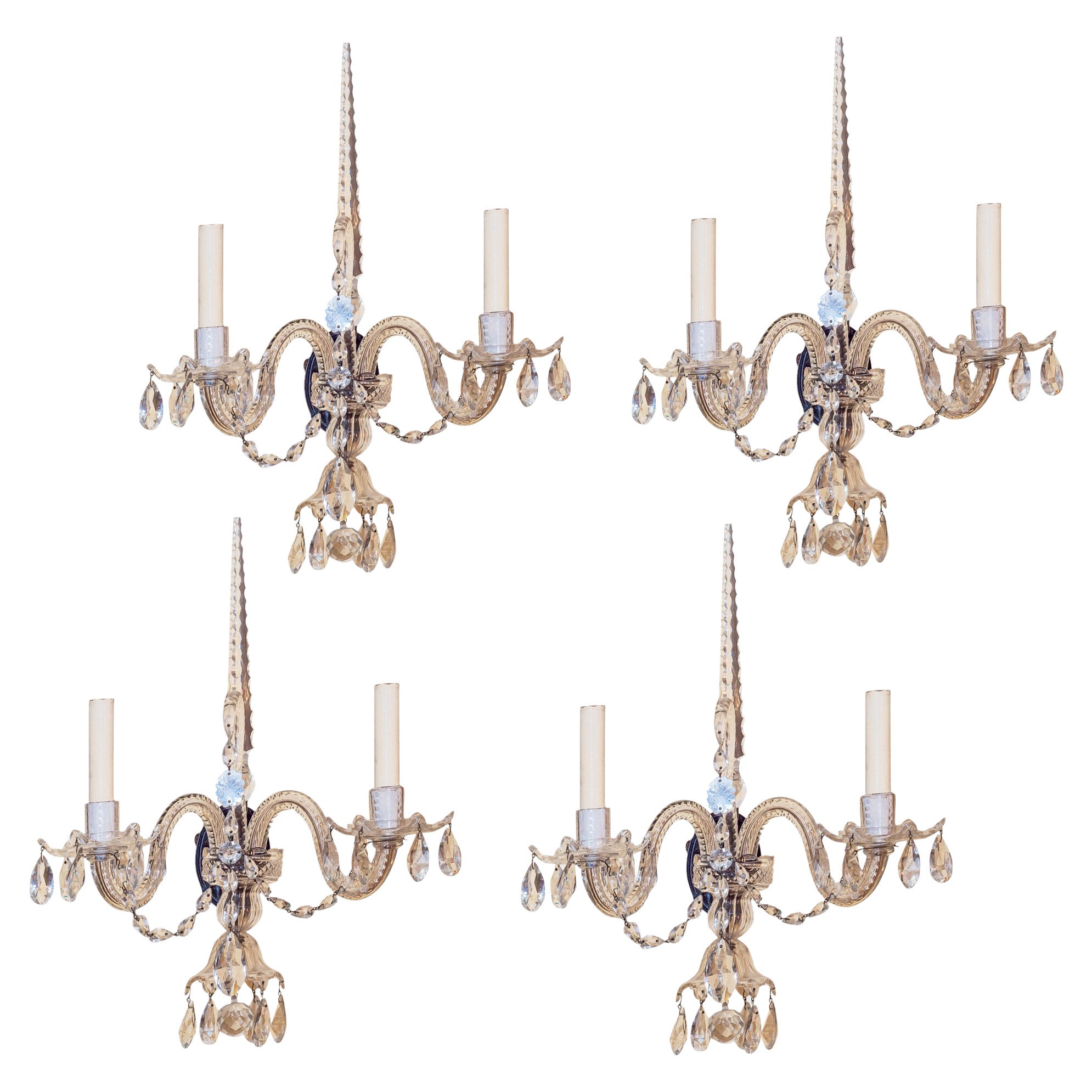 Set of Four Crystal Two-Light Wall Light Sconces