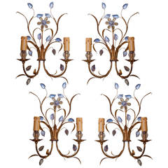 Set of Four Gilt Metal and Glass Wall Sconces Attributed to Bagues