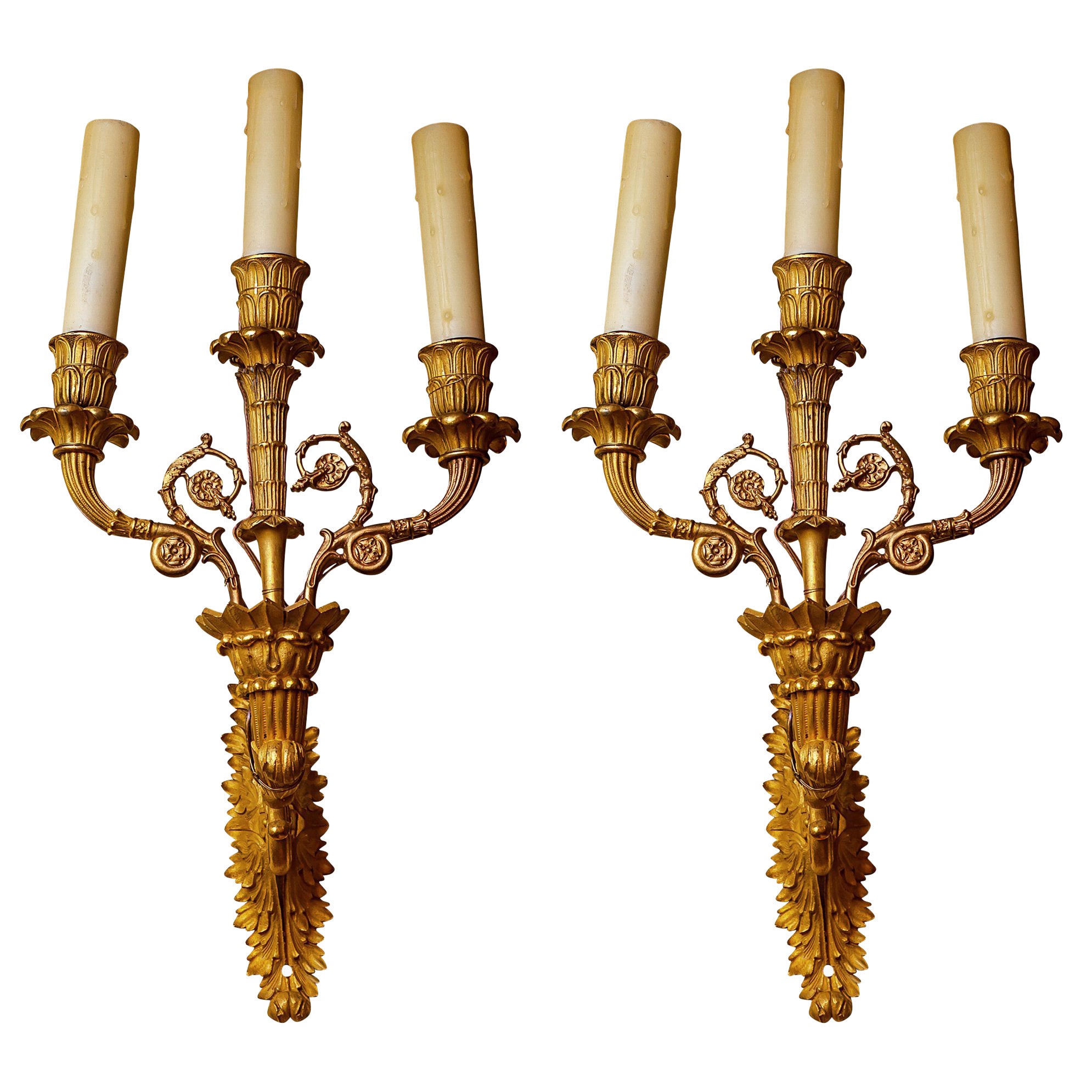 Pair of Emire Style Gilt Bronze Three-Arm Wall Light Sconces