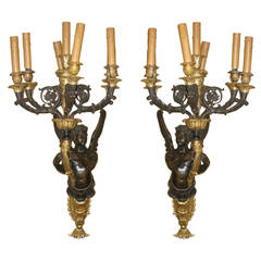 Large Pair of French Empire Style Bronze Figural Six-Light Wall Light Sconces
