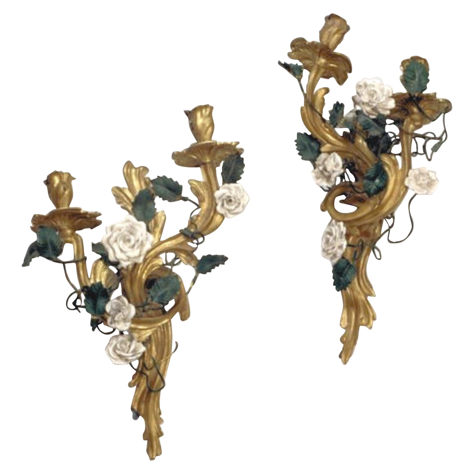 Pair of Louis XV Style Gilt Bronze Sconces with Porcelain Flowers For Sale