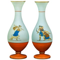 Neoclassical Pair of Opaline Glass Vases with Painted Figures