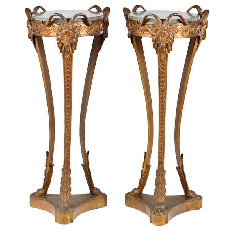 Important Pair of Gilt Bronze and Marble Pedestals with Rams' Heads