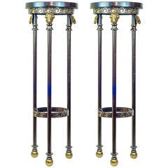 Pair of Bronze Neoclassical Round Marble-Top Pedestals