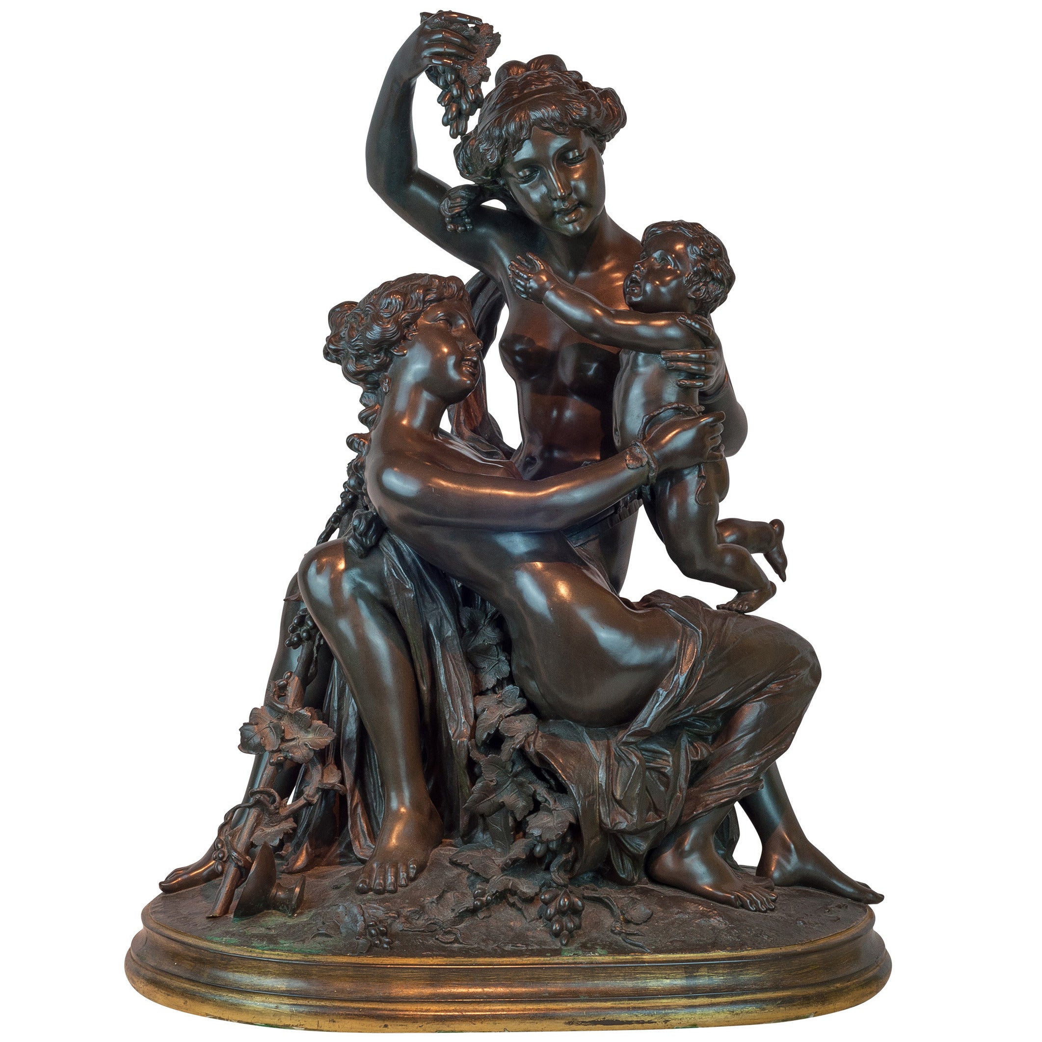 Large Patinated and Gilt Bronze Figural Group of Maidens with a Cherub