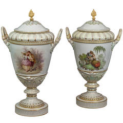 Pair of KPM Porcelain Covered Urns with Painted Love Scenes