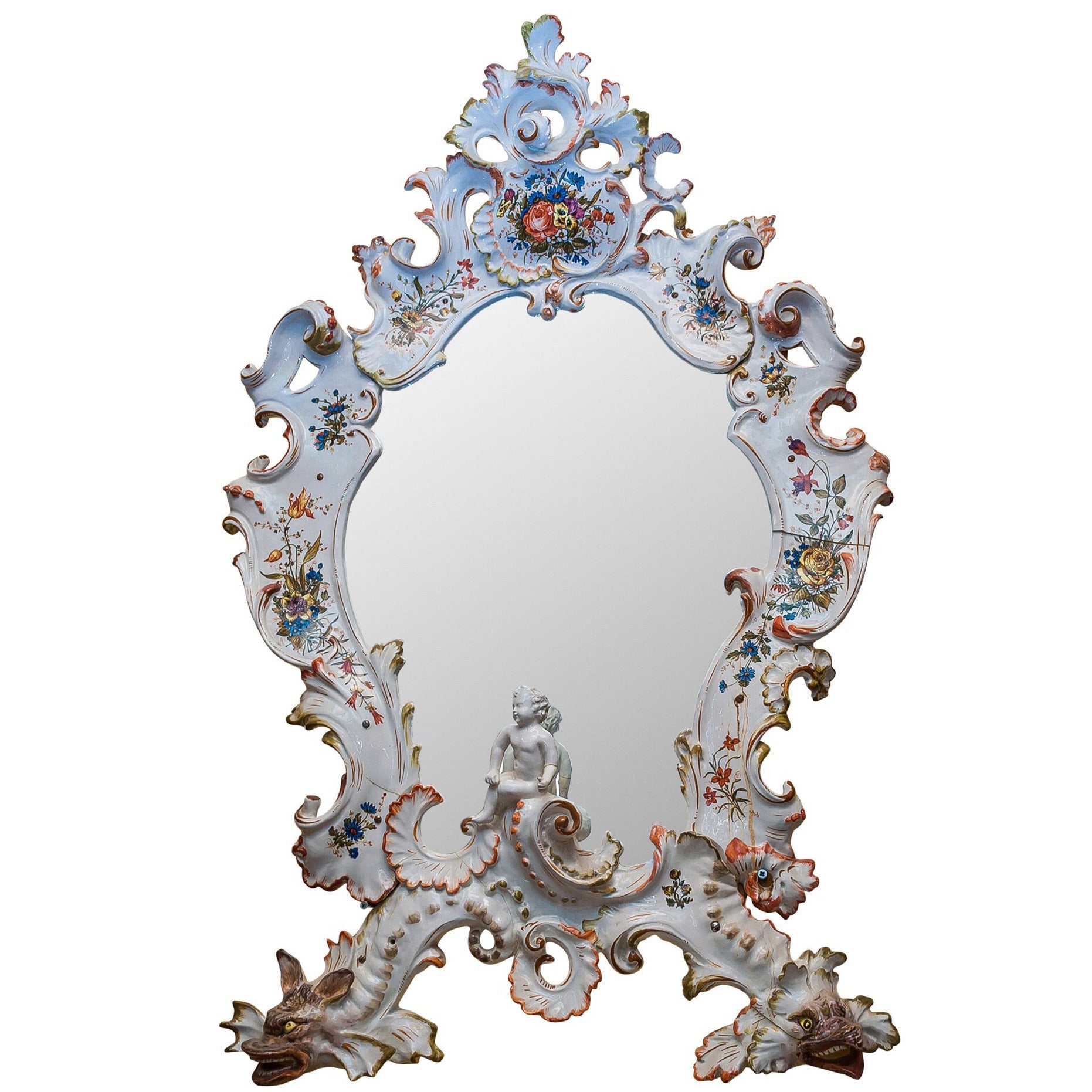 Miroir vénitien en porcelaine peint de motifs floraux