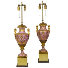 Pair of Neoclassical Gold Painted Porcelain Lamps