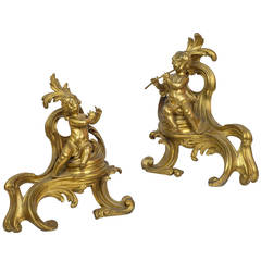 Pair of Louis XV Style Gilt Bronze Figural Chenet Andirons