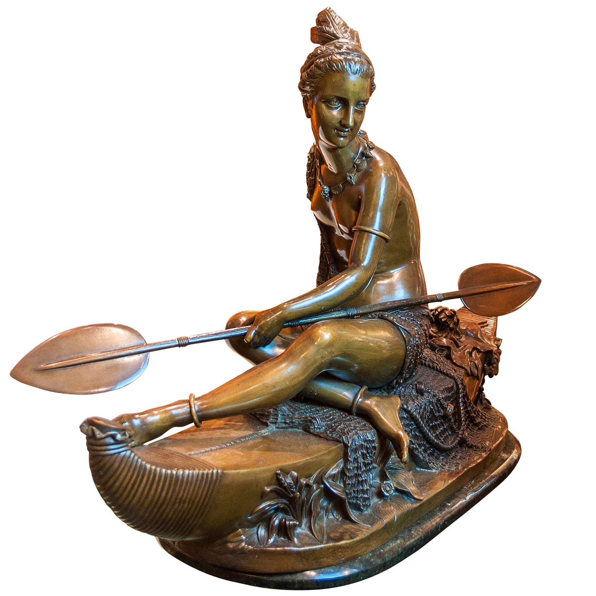 Large Bronze Sculpture of a Native American Indian Maiden in a Canoe