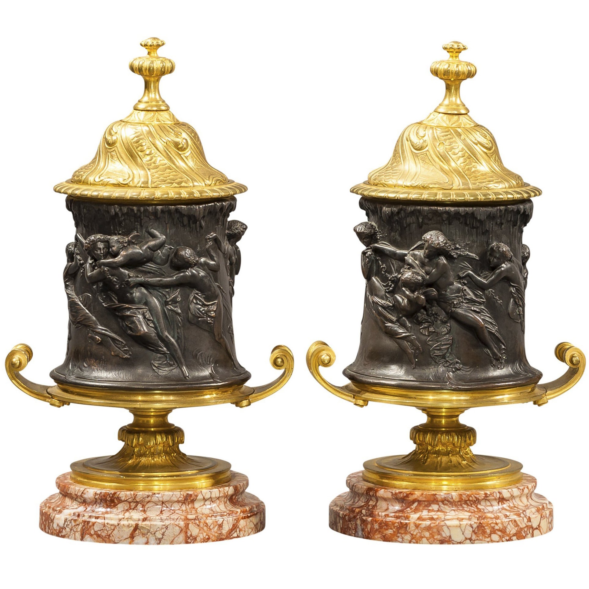 Signed Pair of Patinated and Gilt Bronze Figural Covered Urns