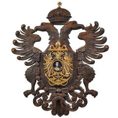 Vintage Carved Figural Coat of Arms and Double-Headed Eagle with Portrait in Center