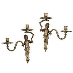 Pair of Regency Style Figural Silvered Bronze Wall Sconces