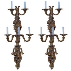 Large Pair of Five-Arm Gilt Bronze Wall Lights with Fruit Motif