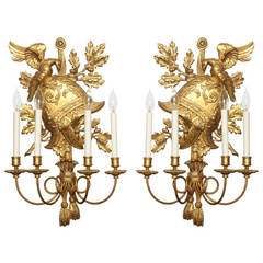 Pair of Giltwood Helmet Form Wall Sconces