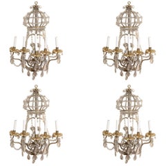 Set of Four Large Gilt Metal and Crystal Wall Lights Sconces 