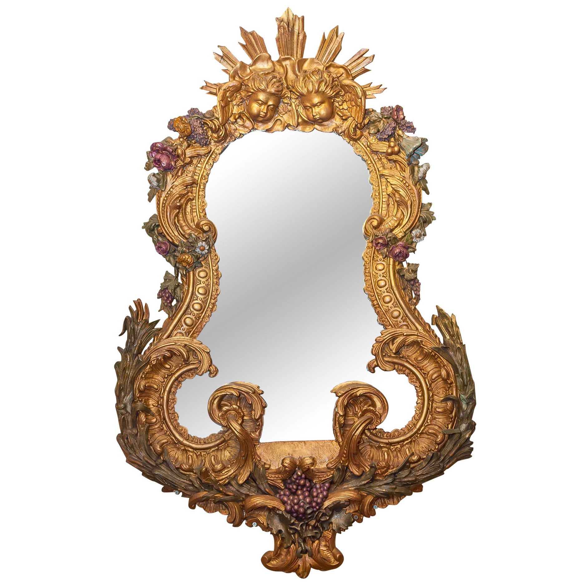 Gilt Gesso Floral Mirror with Sunburst on Top