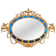 Neoclassical Giltwood and Gesso Mirror with Blue Glass Border and Sphynx Figures